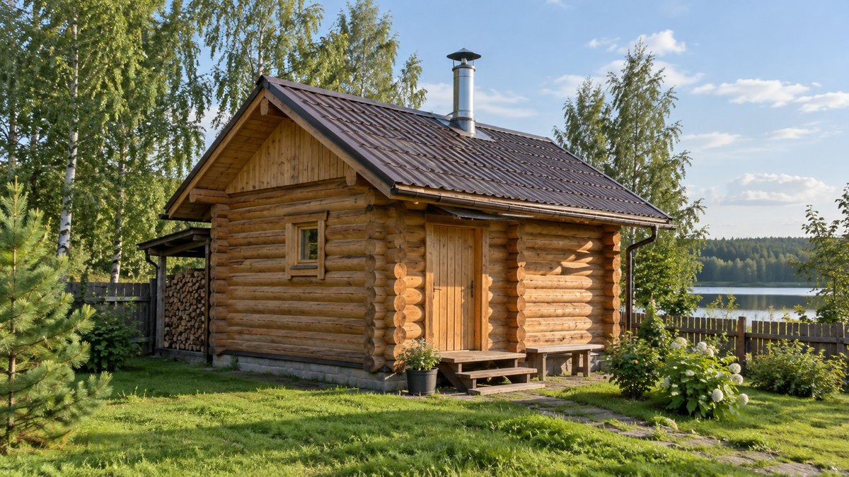 Деревянная баня на загородном участке, вид снаружи в летний день