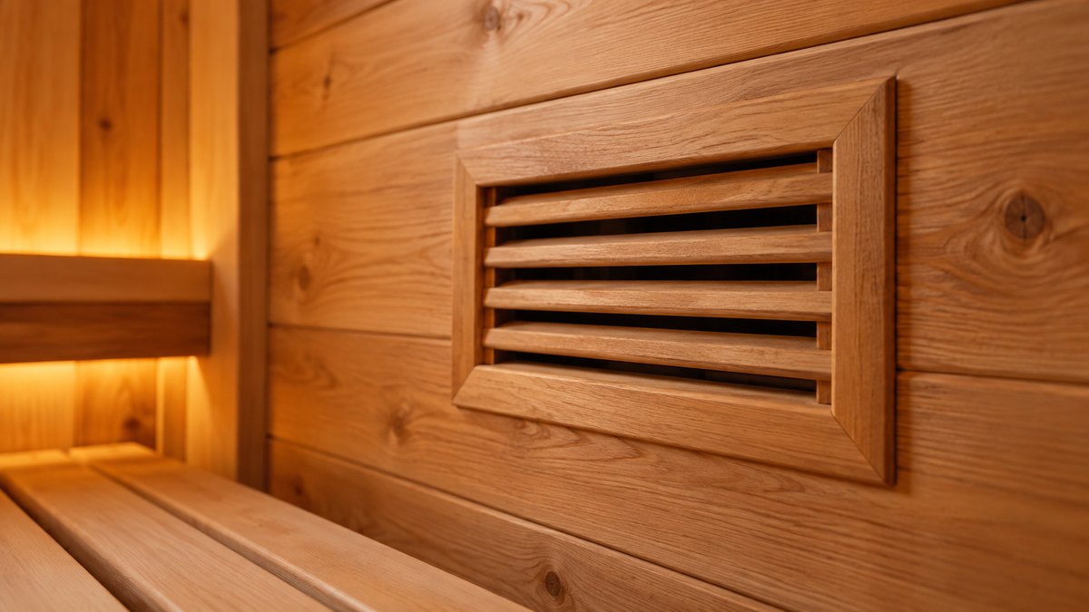 Деревянная вентиляционная решётка с задвижкой на стене парилки