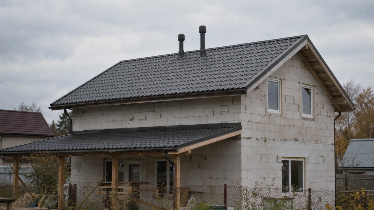 Выходы вентиляционных каналов с колпаками на крыше частного дома