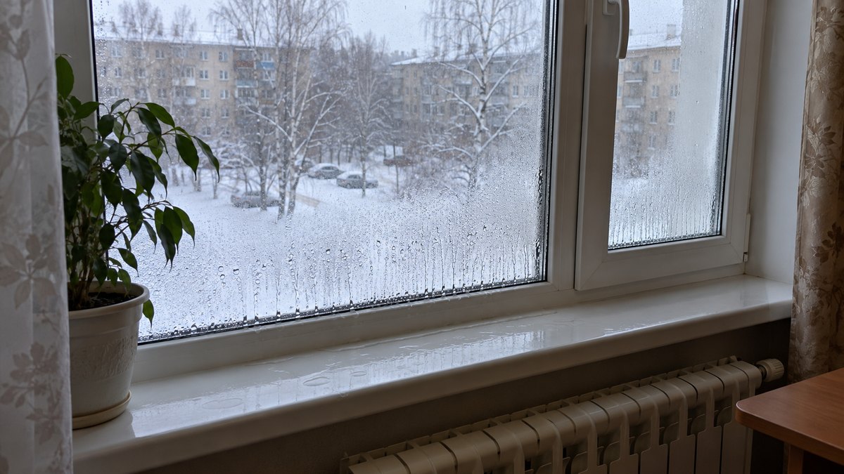 Запотевшее пластиковое окно в обычной квартире зимой: по нижней части внутреннего стекла течёт вода, на подоконнике лужица, за окном снежный двор