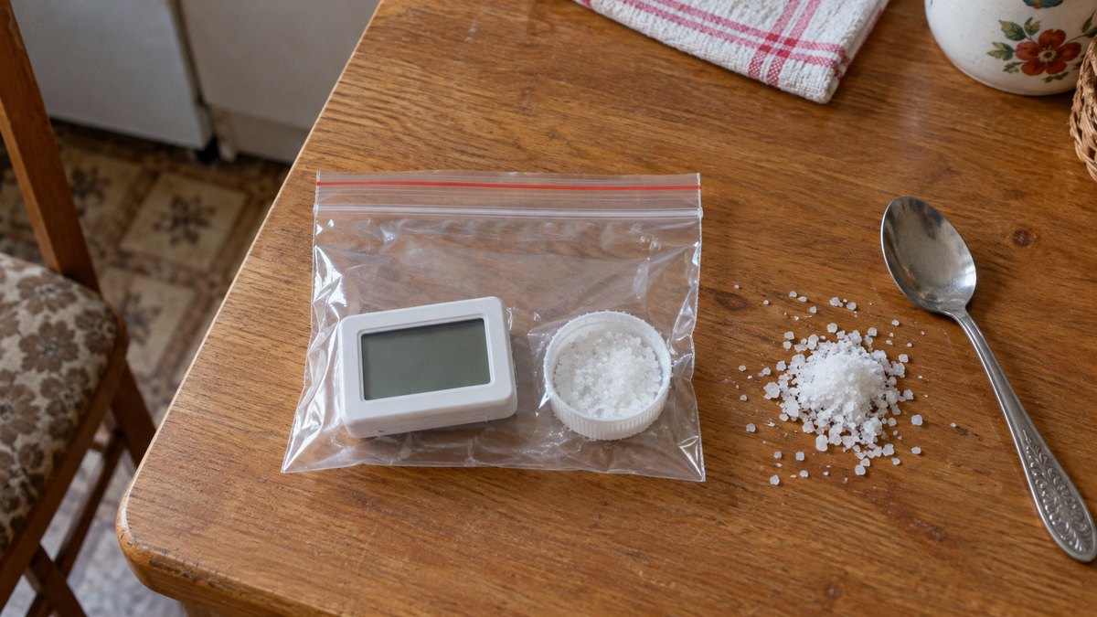 Солевой тест гигрометра: белый электронный прибор лежит в прозрачном зип-пакете рядом с крышечкой мокрой соли, на столе ложка и горстка крупной соли