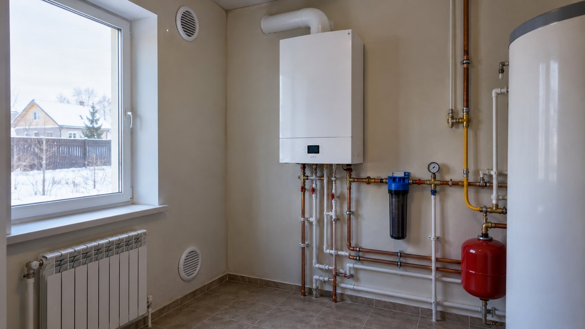 Газовый котёл на стене котельной частного дома, приточная решётка внизу и вытяжная под потолком