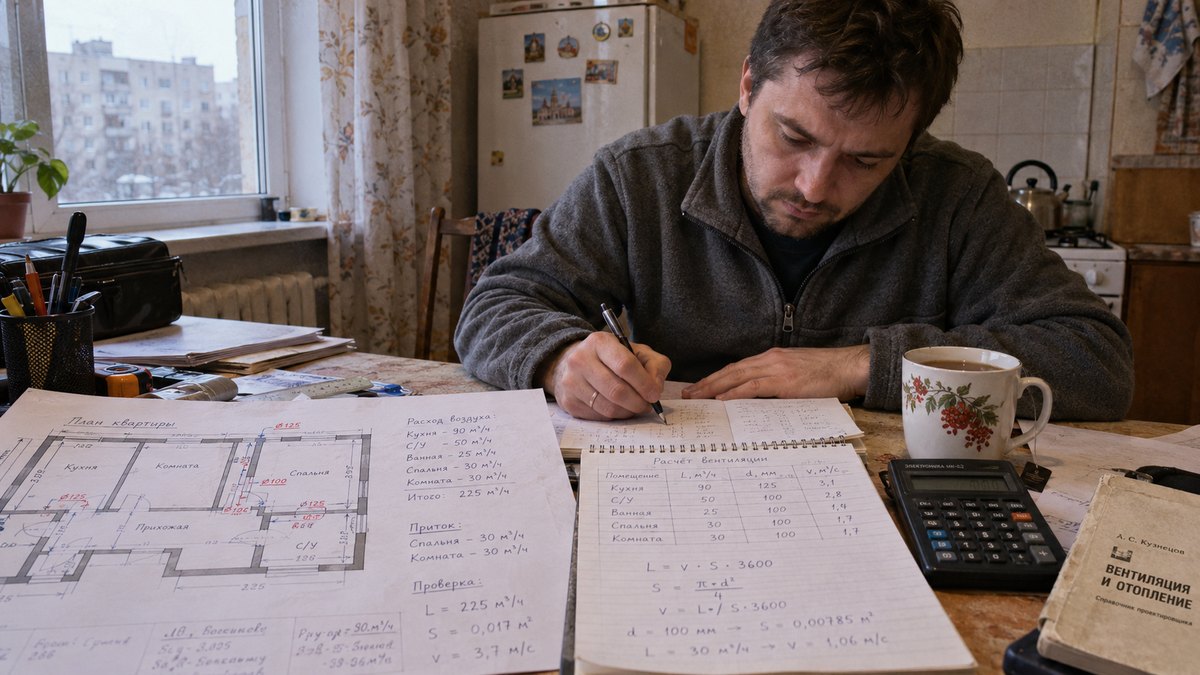 Инженер считает расход воздуха по плану помещения на бумаге