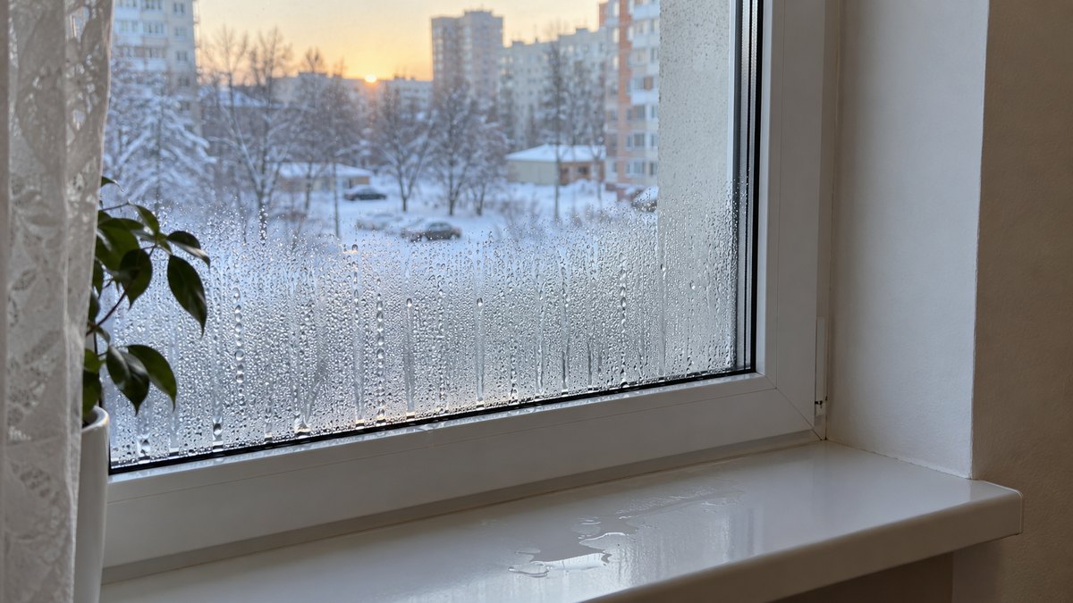 Запотевшее окно в квартире зимой: капли воды на стекле и лужица на подоконнике
