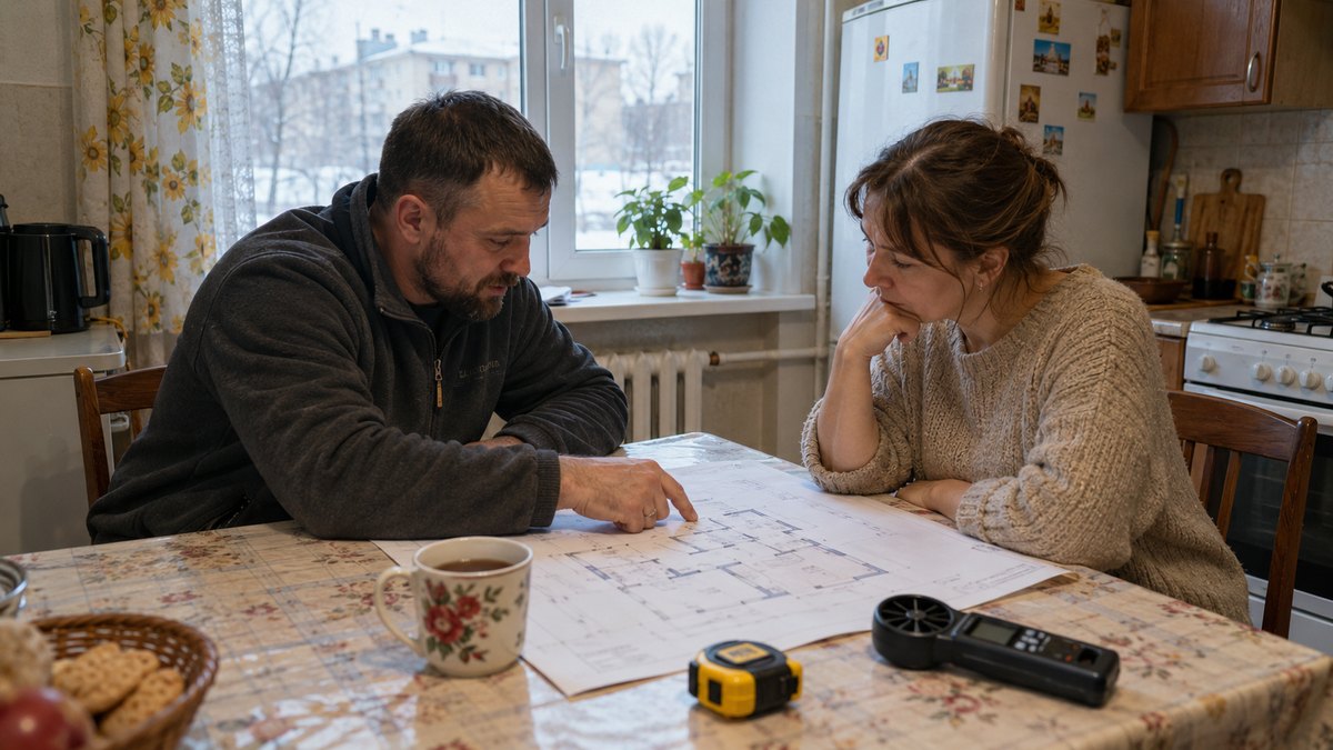 Инженер и хозяин квартиры разбирают план перед выбором вентиляции