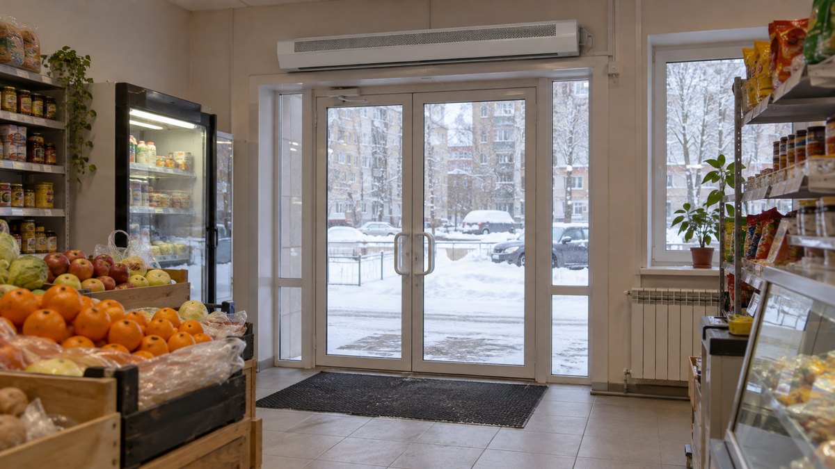 Длинная белая тепловая завеса на стене над стеклянной входной дверью небольшого магазина, за стеклом зима и снег