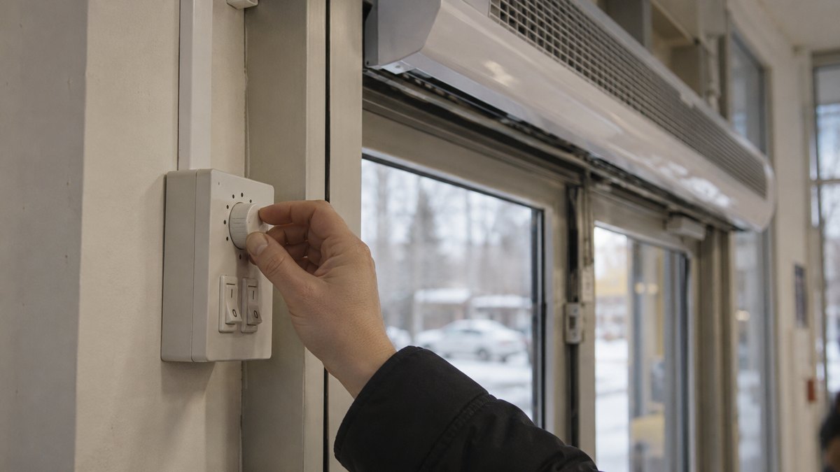 Настенный пульт управления тепловой завесой с поворотной ручкой и переключателями, рука поворачивает ручку, рядом дверной косяк